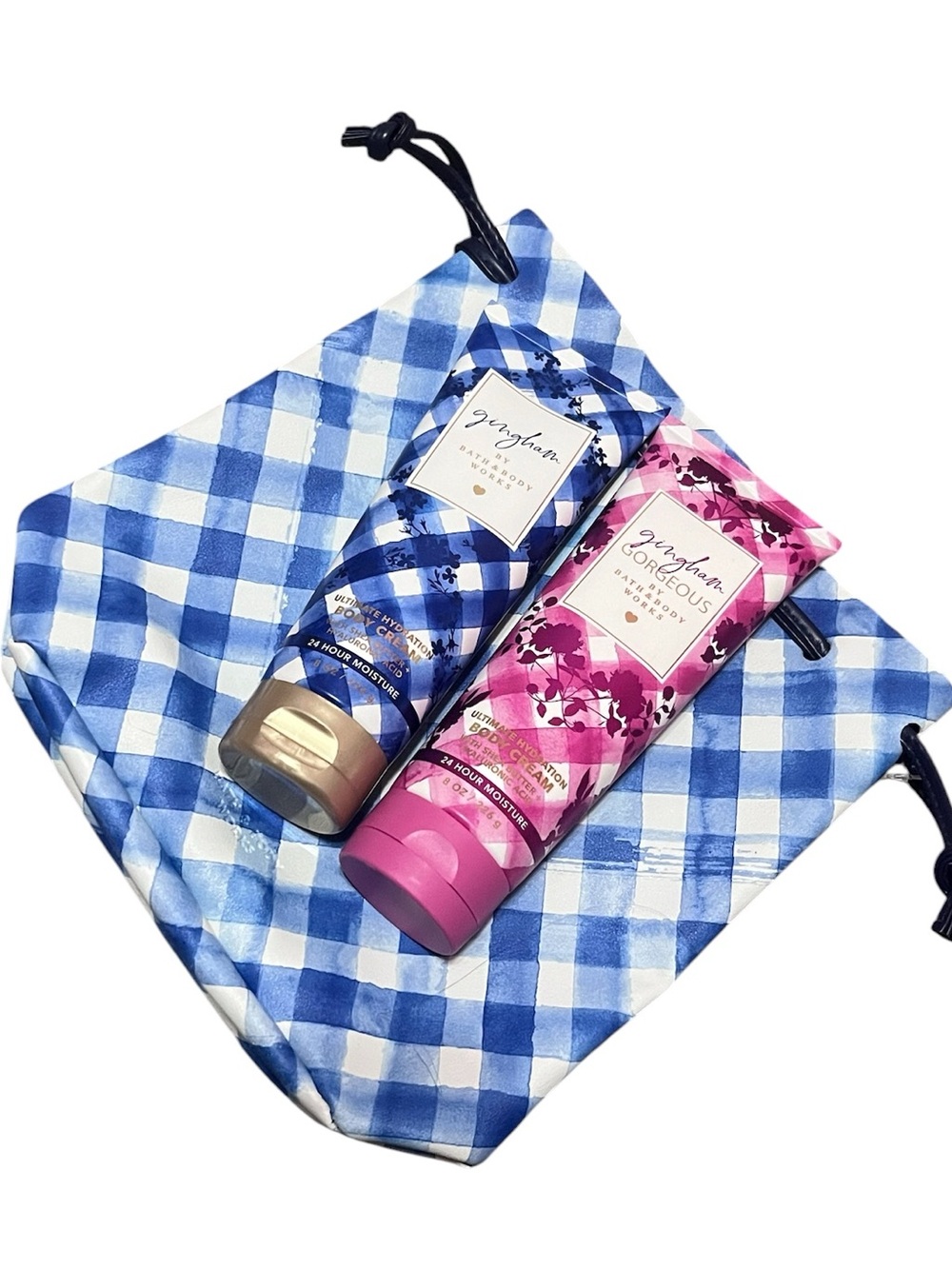 Bath & Body Works Gorgeous + Blue Gingham Body Cream Gift Set w/ Drawstring Bag